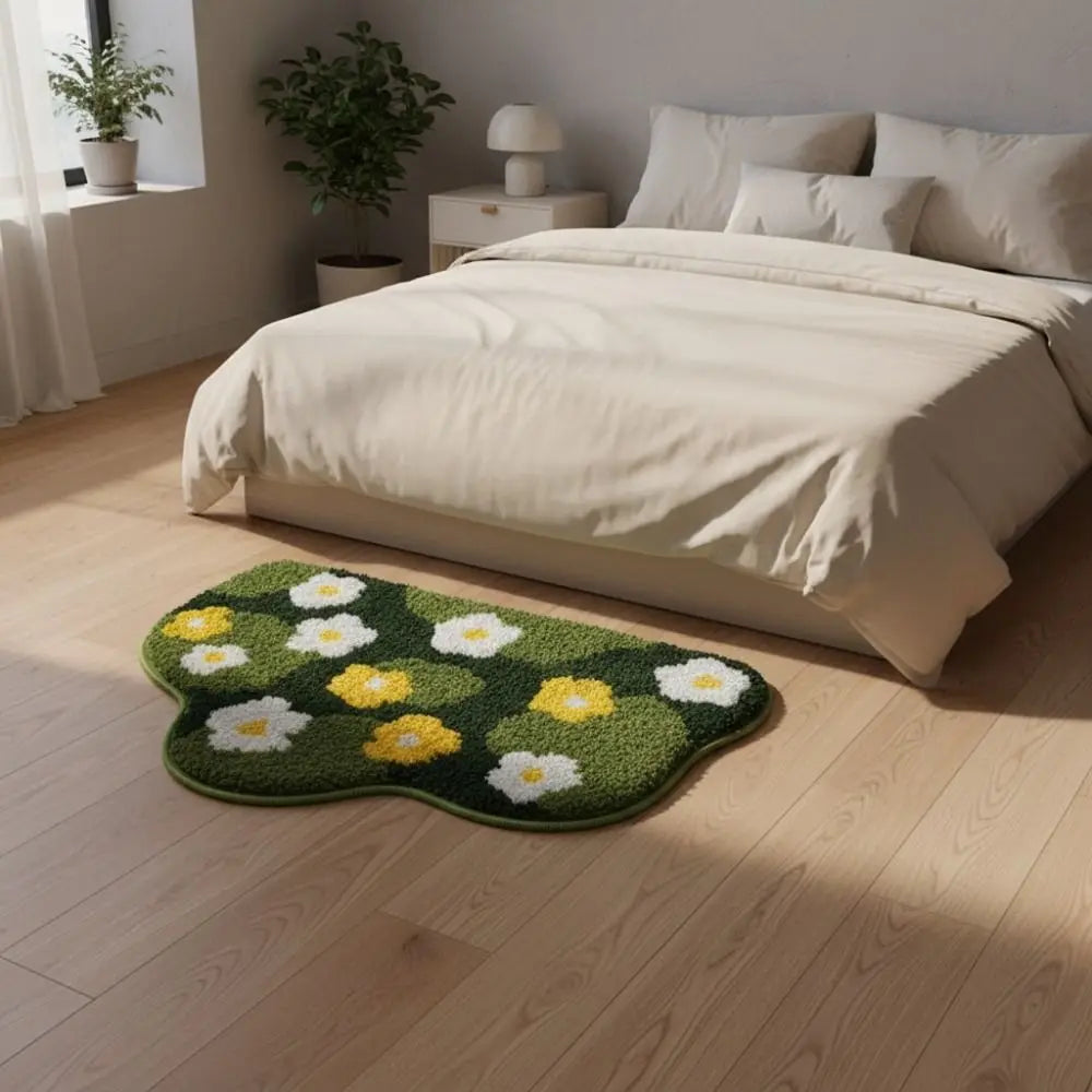 tapis bain pelucheux motif fleurs vert blanc jaune doux salle bain maison