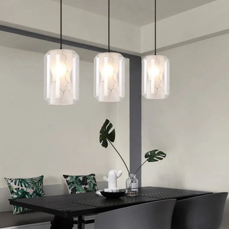 lampe suspendue moderne blanc gris texture dolomite câble ajustable led verre transparent chambre salon