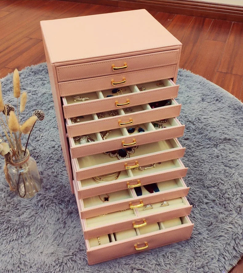 boîte bijoux simili cuir rose poignées dorées velours moderne grande capacité
