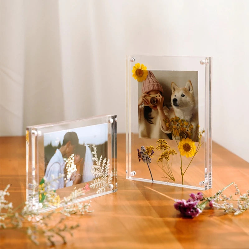 cadre photo transparent moderne clips photos fleurs séchées variante acrylique