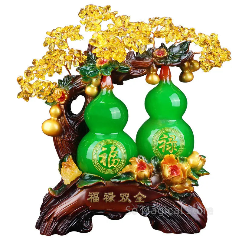 décoration chinoise gourdes sculptées feuilles cristal inscriptions traditionnelles verte rouge maison feng shui