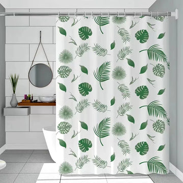rideau douche feuilles tropicales blanc vert moderne opacité respectueux environnement cintres inoxydables
