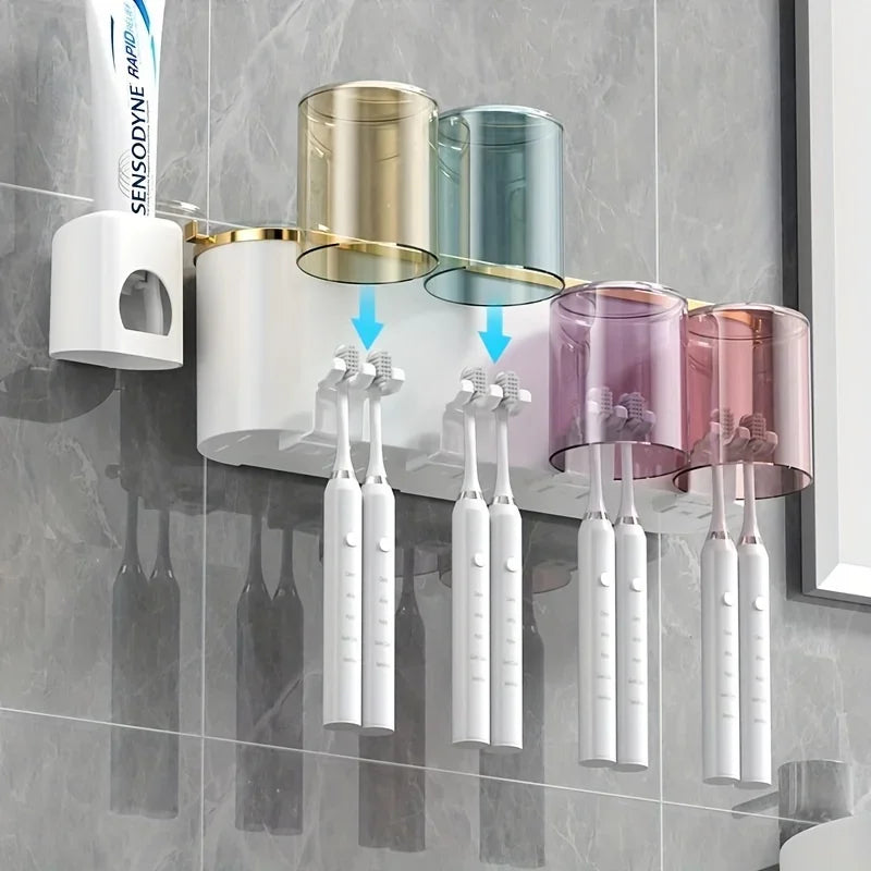organisateur mural moderne blanc protections transparentes distributeur dentifrice supports brosses électriques compartiments cosmétiques salle