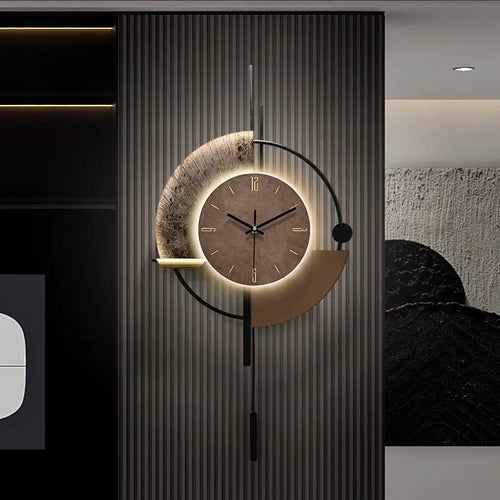 horloges murales modernes aiguilles quartz marron noir doré texture cuir métal