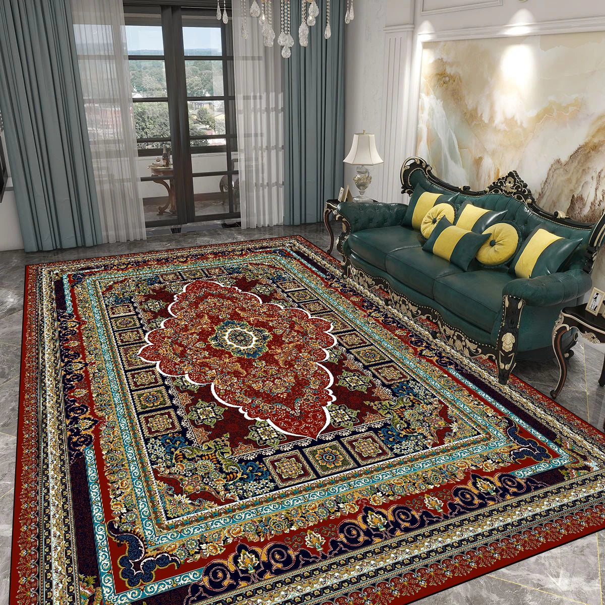 Un magnifique tapis persan richement décoré, au motif floral central dans des tons rouges et bleus, entouré d'une bordure ornementée, posé sur un sol en bois clair dans un intérieur élégant et luxueux.