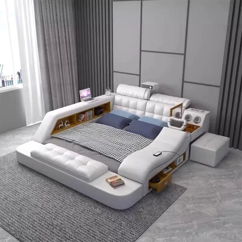lit multifonctionnel simili cuir blanc moderne oreillers rangement chambre coucher