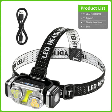 lampe frontale led rechargeable capteur intelligent charge solaire camping randonnée forêt route