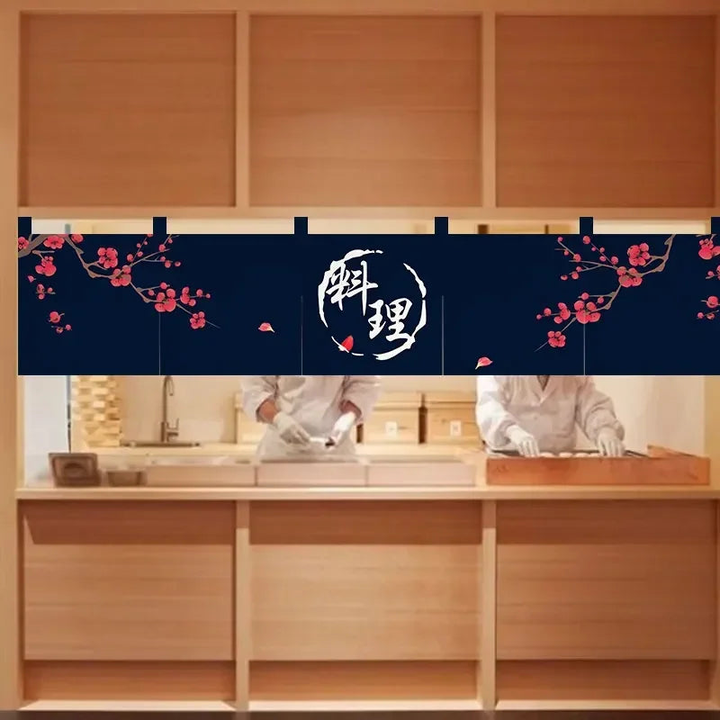 rideau porte japonais motif traditionnel fleurs cerisier chat maneki neko tissu opaque maison