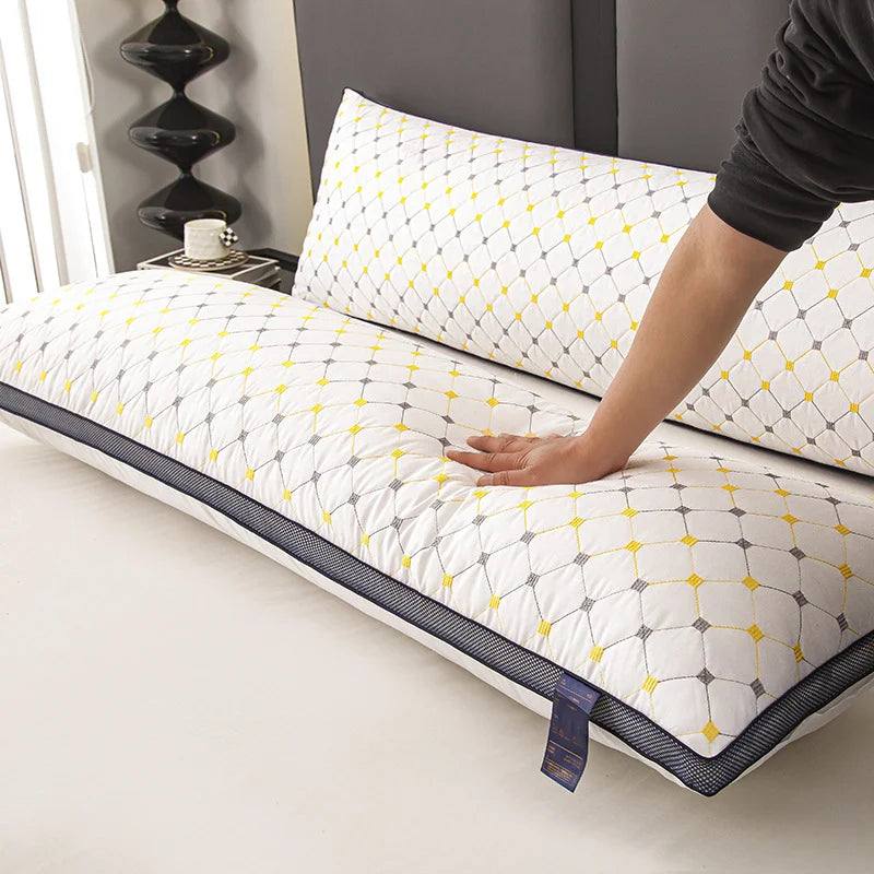 oreiller mousse mémoire forme oblong motif géométrique anti ronfement polyester blanc gris jaune moderne