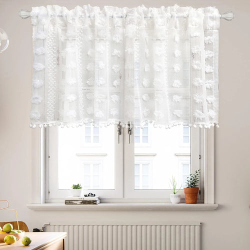 rideau transparent tulle brodé pompons motif floral bohème chambre cuisine décoration intérieure polyester