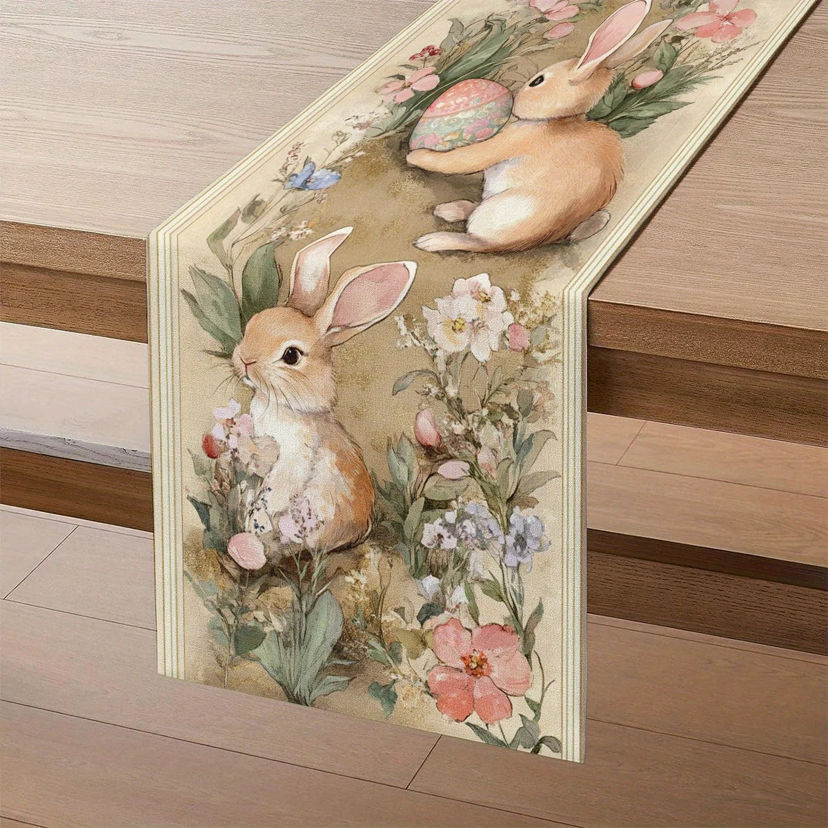 nappe lin printemps lapins fleurs aquarelle rustique 183x33cm décoration pâques table maison