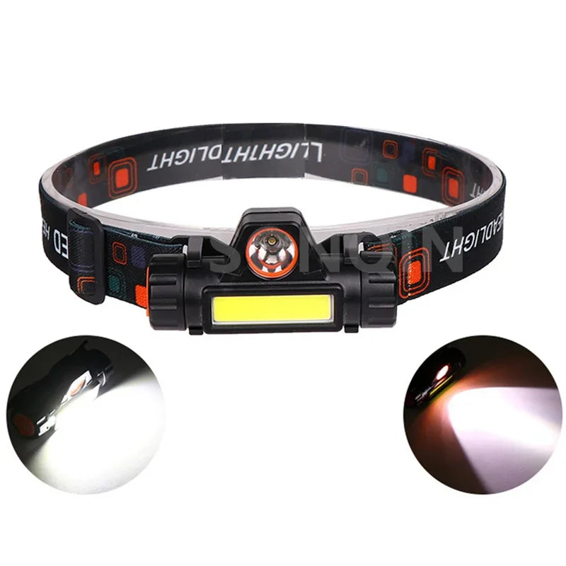 lampe frontale led noire blanc imprimée géométrique 1800lm modes aimant porte câble intégré camping