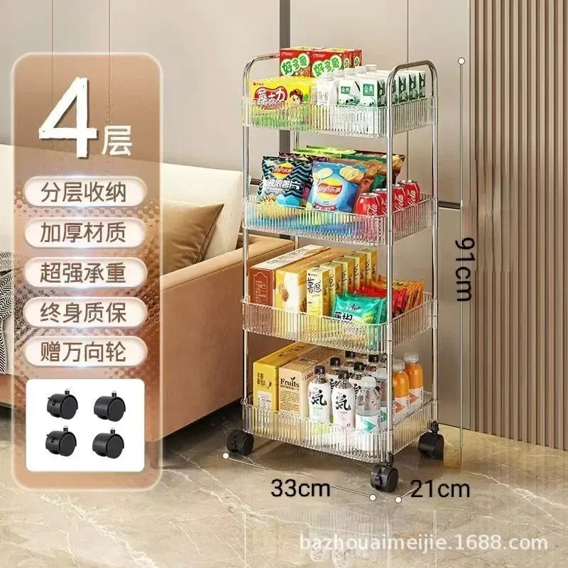 chariot roulettes transparent moderne filetage niveaux boîtes divers biscuits thé cosmétiques jouets