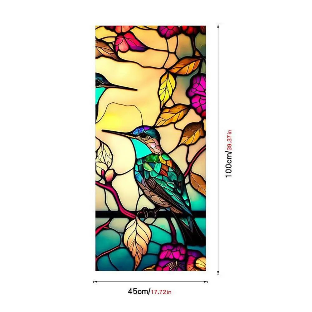 décoration fenêtre art deco oiseaux fleurs géométrique adhésif bleu vert jaune orange rose violet