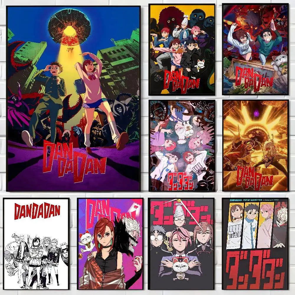 affiche anime personnages ville futuriste cadre bois bleu violet rouge moderne pop artDecorationMuriale