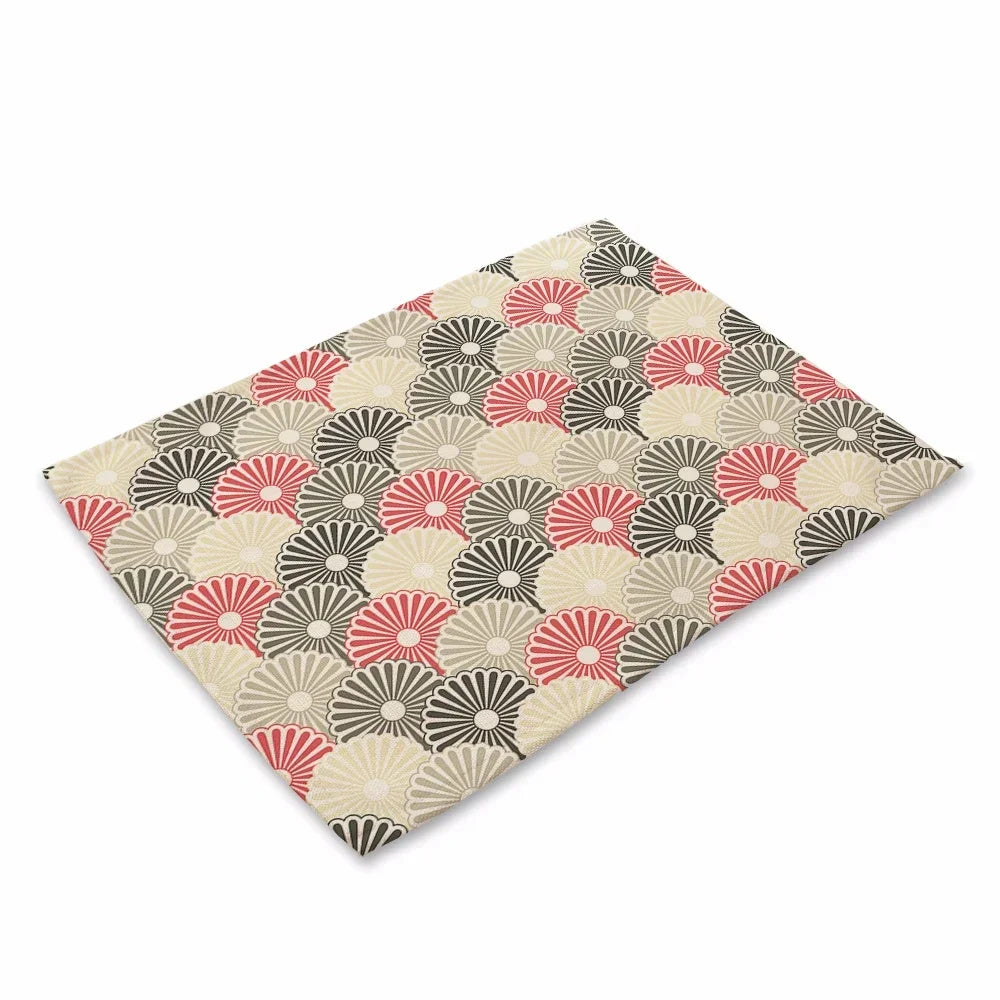 tapis table art japonais traditionnel fleurs motifs géométriques bleu vert rouge beige