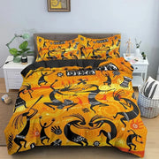 housse couette motif ethnique danse graphique orange noir rouge violet