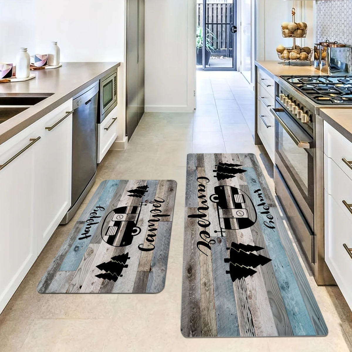 tapis sol gris noir blanc texture bois happy camper rustique vintage