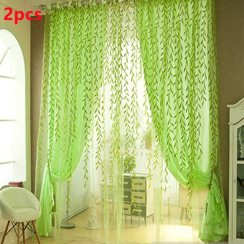 rideaux voilage feuilles stylisées vert jaune bleu violet décoratifs translucides fenêtre chambre salon