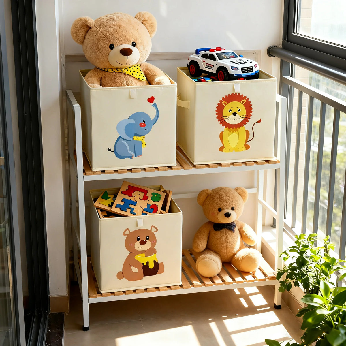 boîtes rangement pliables animaux dessin animé beige clair moderne enfant poignées léopard singe ours