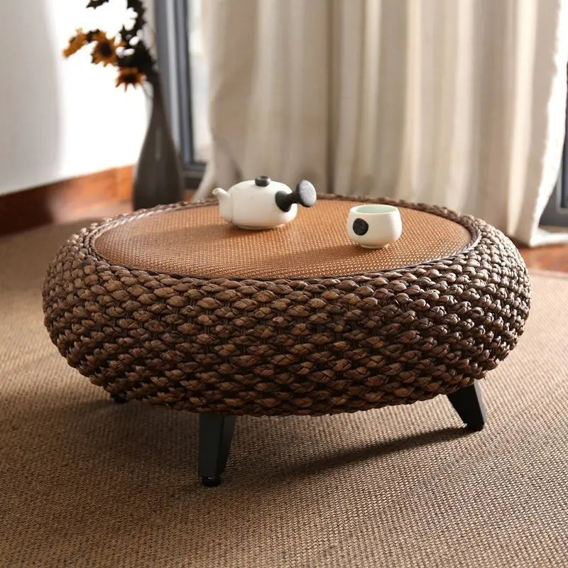 tabouret moderne rustique tissé beige clair foncé naturel pieds noirs salon assemblage facile