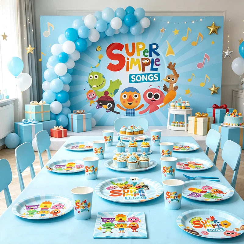 assiettes dessin animé anniversaire enfant napkins tablecloth bleu clair festif gobelets super simple songs