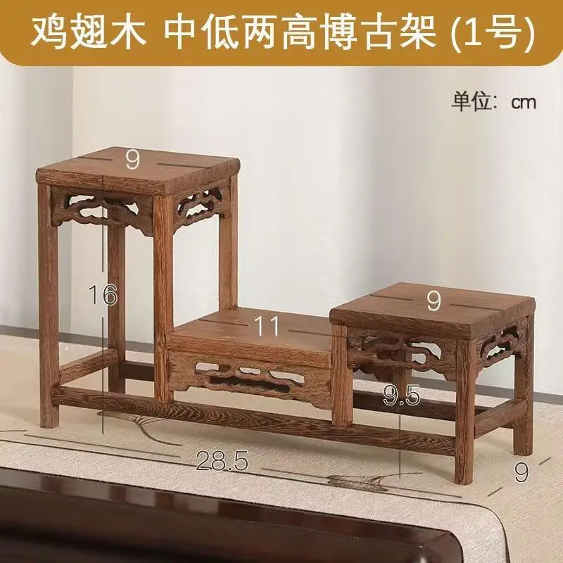 présentoir bois sculpté banc traditionnel marron foncé classique meuble rétro décoration maison figurines plantes