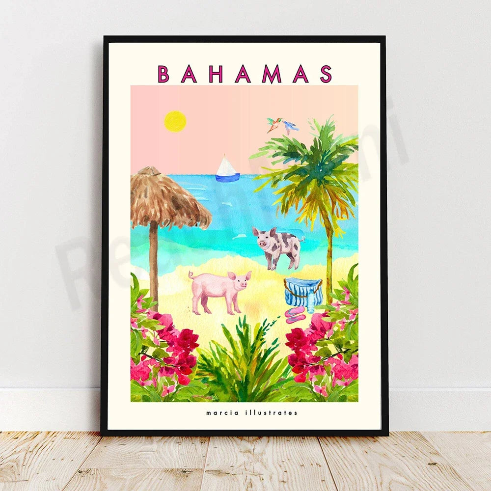 Affiche de voyage représentant un paysage idyllique des Bahamas avec des palmiers, des fleurs tropicales, un bateau à voile et des animaux tels que des porcs.
