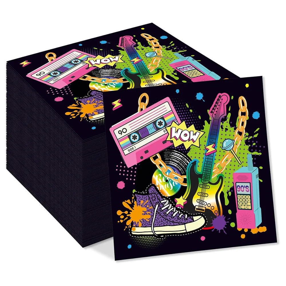 serviettes jetables pliées graphiques anniversaire noir rose bleu vert pop art 90s festive
