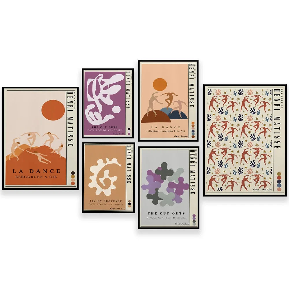 Une collection d'affiches artistiques inspirées du thème de la danse, avec des motifs géométriques, des silhouettes de danseurs et des couleurs vives.