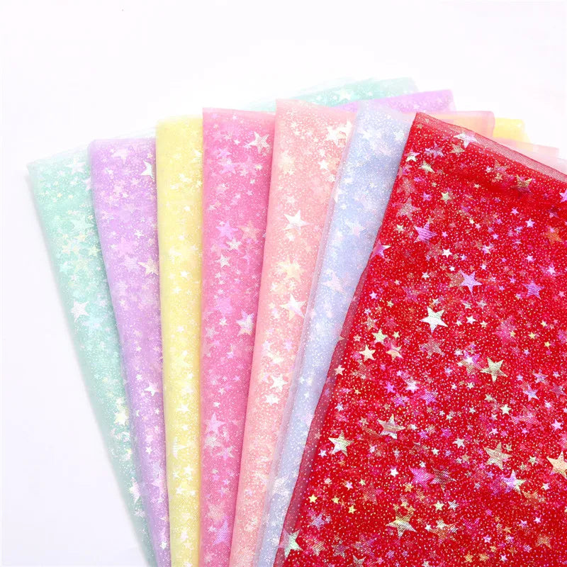 tissu nylon étoiles dorées vert clair rose jaune gris rouge translucide décoratif couture bricolage