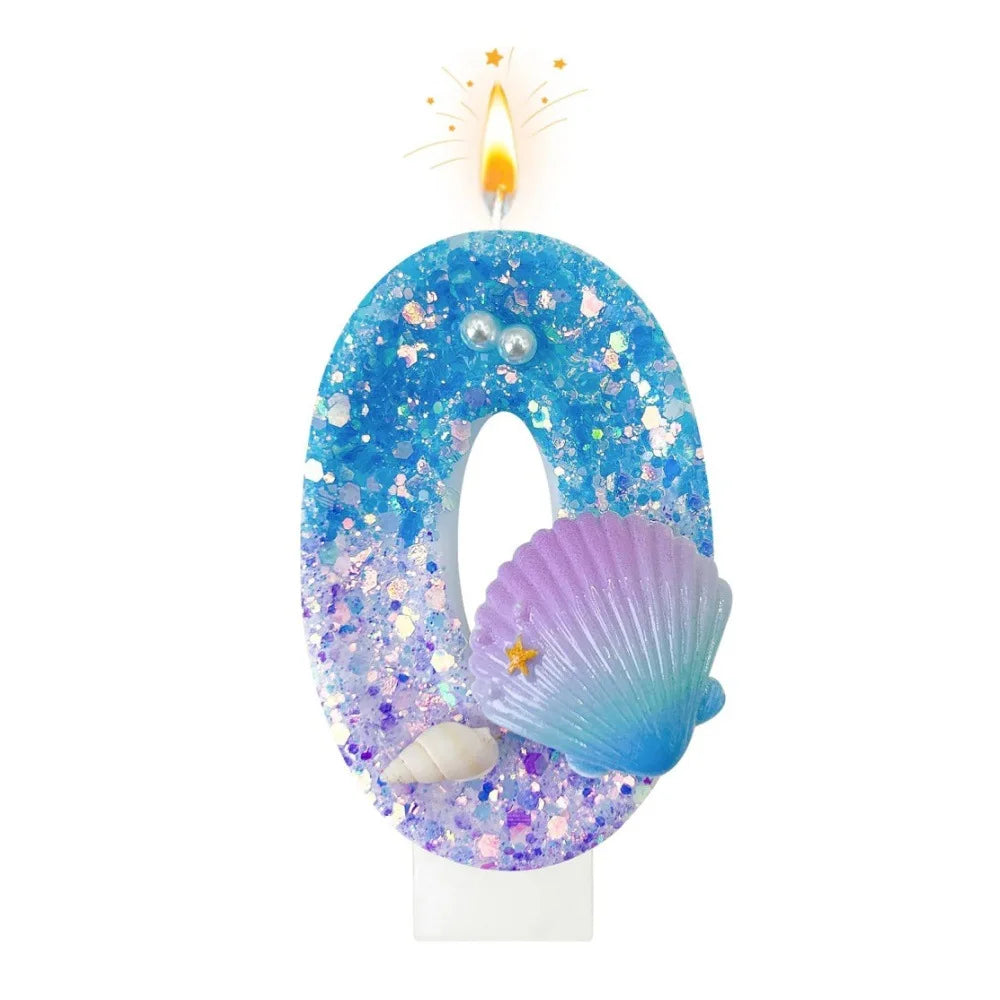 bougies numéraires paillettes sous marine coquillages décoratives anniversaire bleu violet blanc doré
