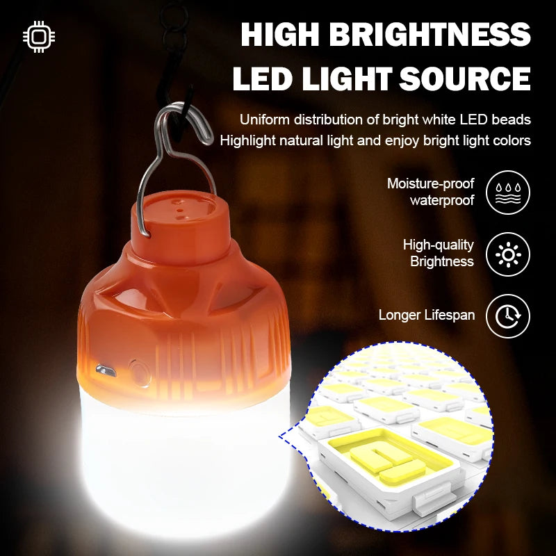 lampe camping rechargeable led blanc orange moderne crochet métal recharge usb haute luminosité
