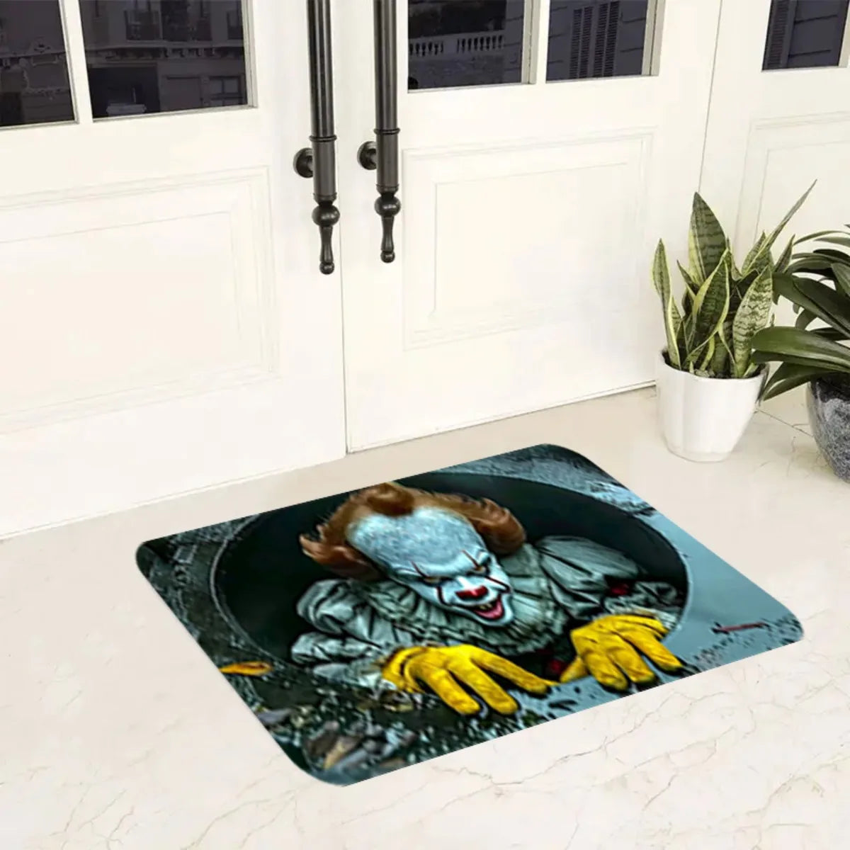 tapis sol extérieur halloween clown mains jaunes bleu gris noir résistant decoration porte chambre