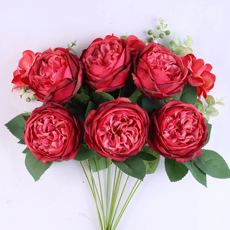 bouquet fleurs artificielles roses naturelles décoration mariage anniversaire intérieur 50cm 13 têtes soie