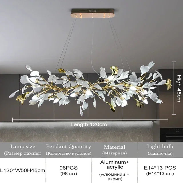 suspension lumineuse contemporaine feuilles or chaînes blanches fixations ornementales moderne