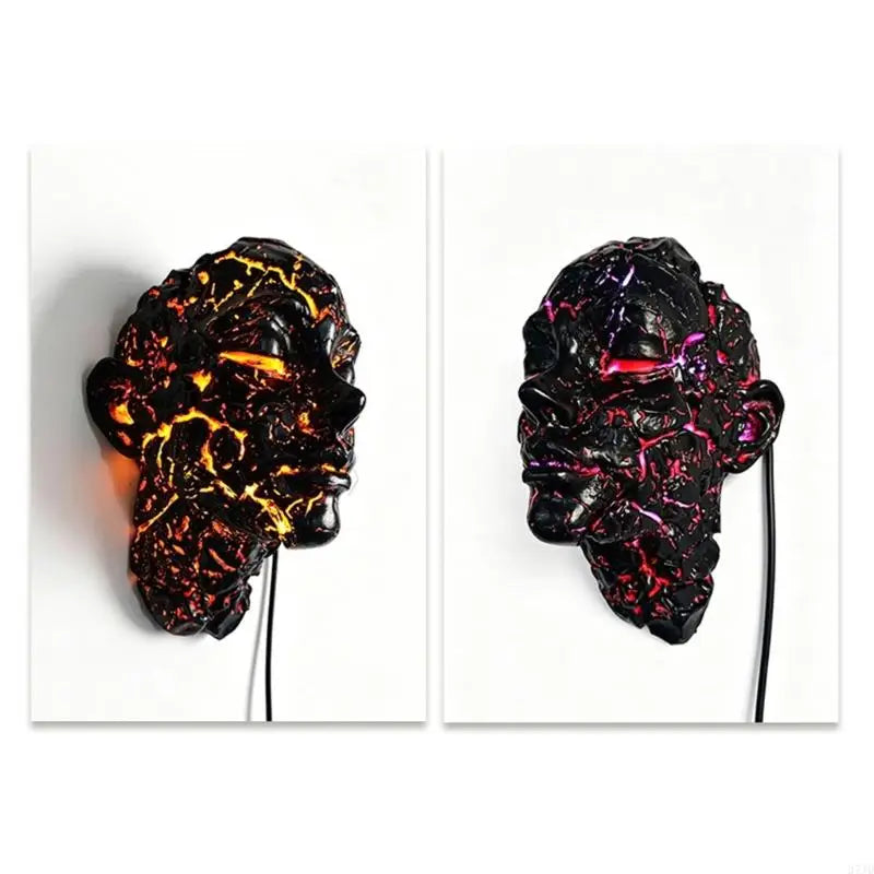 masque sculptural noir rouge texture magma lave art contemporain halloween décoration murale led usb