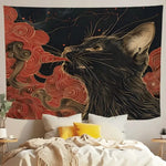 tapisserie murale contemporaine chat noir nuages stylisés salon chambre polyester machine lavable