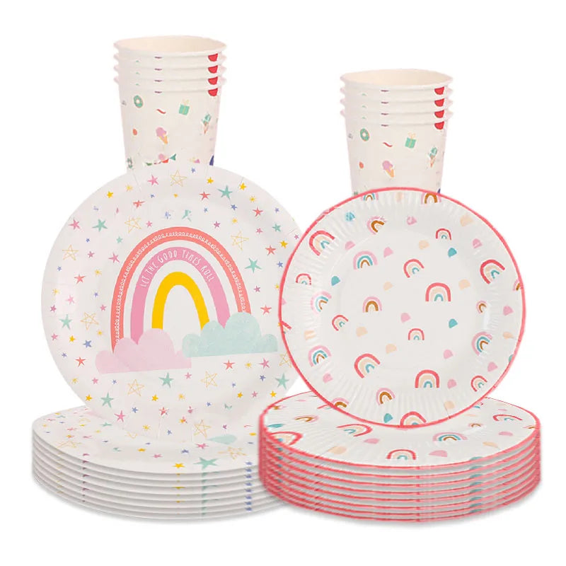 assiettes papier arc ciel étoiles nuages fête anniversaire enfantin unicorn rainbow party gobelets napkins