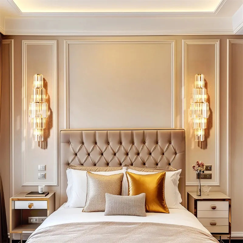 applique murale cristal doré moderne rangs superposés led éclairage chambre salon élégante fixée mur