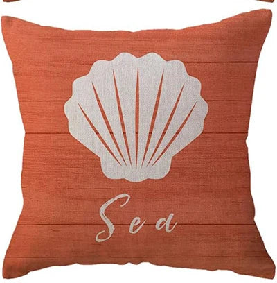 coussin carré motif marin étoile mer coquillage tortue texture lin coton orange rustique