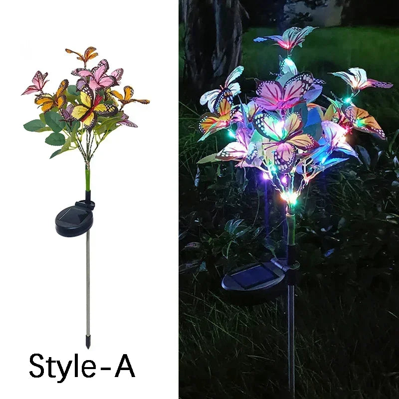 lumière solaire bouquet papillons colorés feuilles vertes moderne violet orange jaune