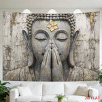 décoration murale toile fond statue bouddha mains jointes feuille or moderne chambre