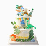 décoration gâteau anniversaire dinosaures feuilles tropicales volcan drapeaux enfants happy birthday plastique