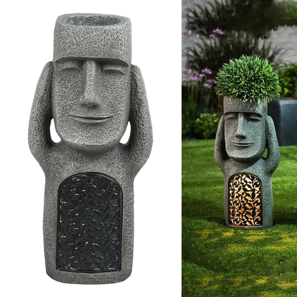statues moai décoratives extérieures pots fleurs texture pierre motif floral gris noir