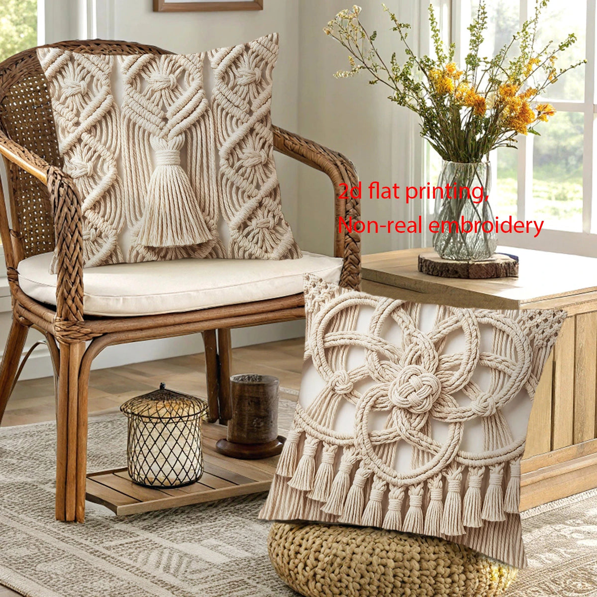 taies d'oreiller boho macramé beige clair franges décoratives maison lit hospitalière polyester peachskin