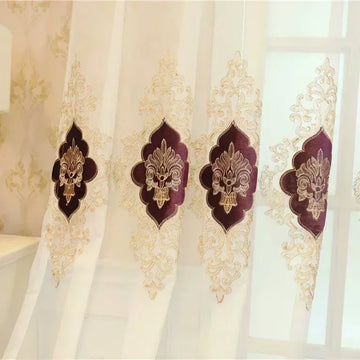rideaux violet brodés ornements floraux semi transparents classiques maison hospitalité tulle polyester