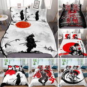 housse couette samouraï japonais rouge noir motifs floraux aquarelle opaque lit homme