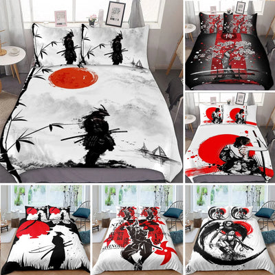 Housse de couette samouraï japonais homme noir rouge