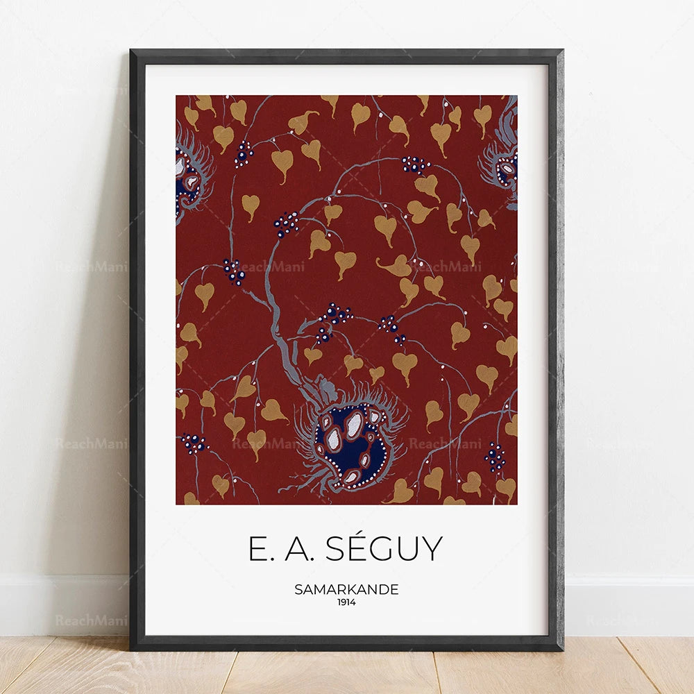 Cette œuvre murale de E.A. Seguy intitulée "Samarkande" présente un motif abstrait et ornemental aux couleurs chaudes de rouge et d'or, avec des éléments floraux stylisés et des formes géométriques.